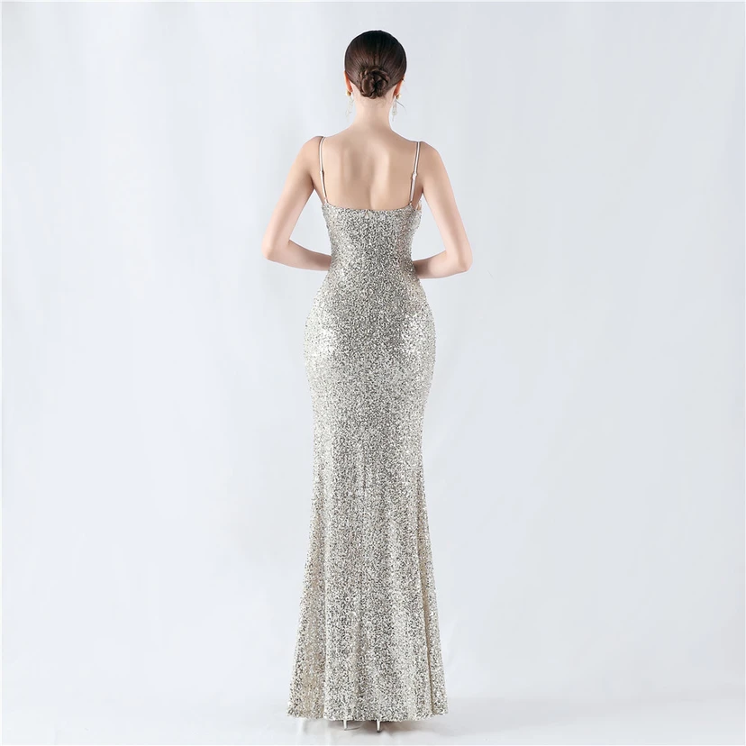 Robe de soirée sexy à sequins et fente haute, avec bretelles et encoche cryptée view 60