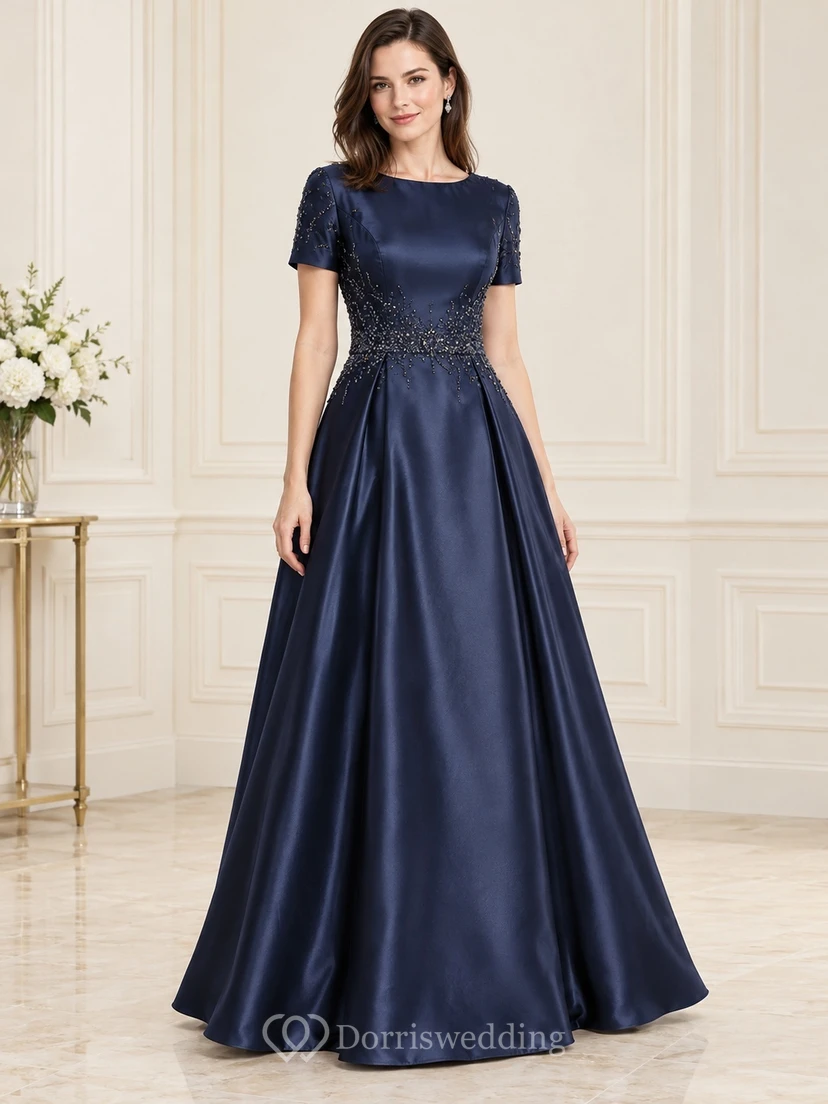 Modest Dark Navy Jewel Neck Lace Sleeve Satin Prom Dress