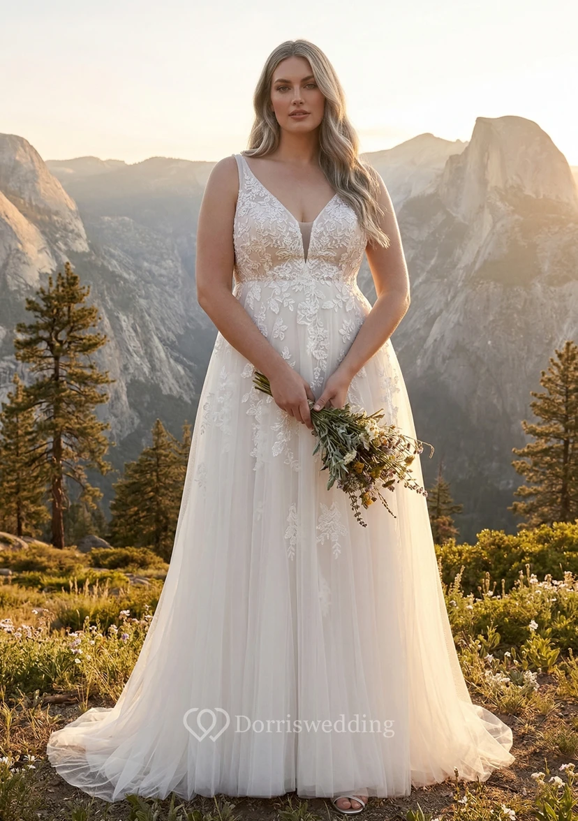 Plus Size A-Line Wedding Dress with V-Neck Lace Bodice and Tulle Skirt