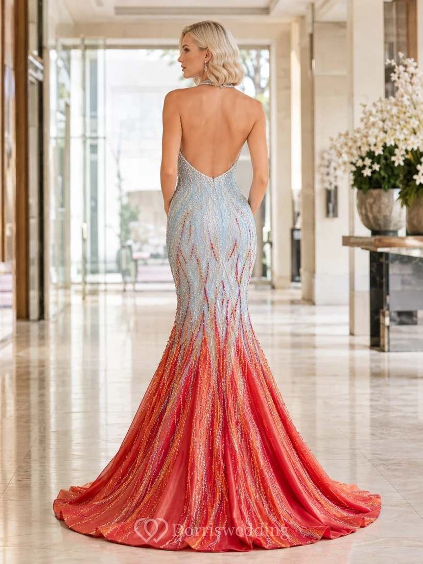 Sky Blue Red Halter V-Neck Beaded Mermaid Sweep Train Luxury Prom Dress view 2