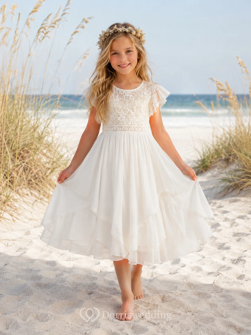 Strandkleid aus Tüll mit flatternden Ärmeln, A-Linien-Schnitt, Rundhalsausschnitt und wadenlangem Rock