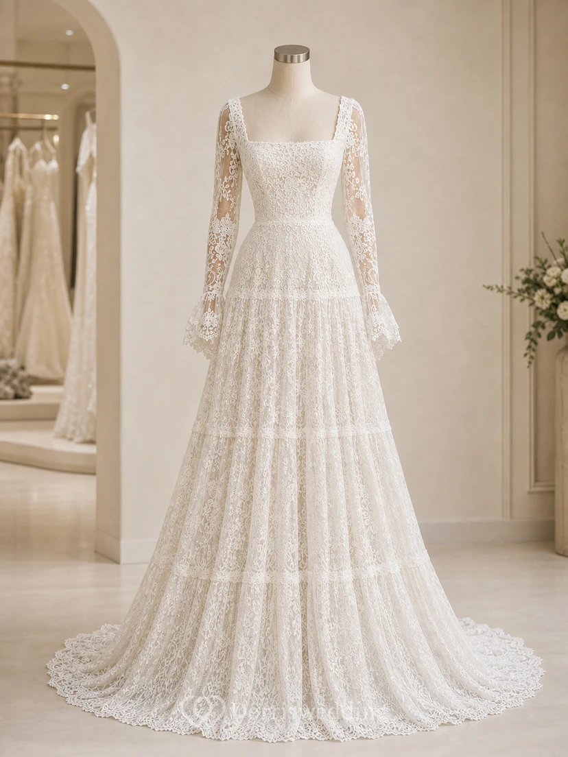 Vintage Boho Lace Wedding Dress with Square Neckline, Long Sleeves & Tiered A-Line Skirt view 7