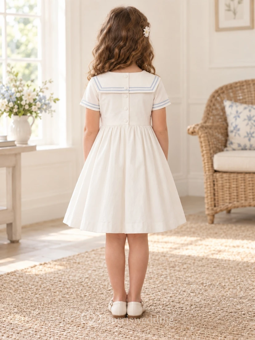 Vintage Modest White Knee Length Curved Sailor Collar Small Waist Bow Flower Girl Dress view 2