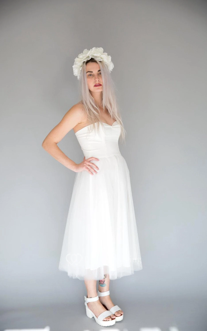 Tea Length Sweetheart A-Line Tulle Dress With Pleats view 4