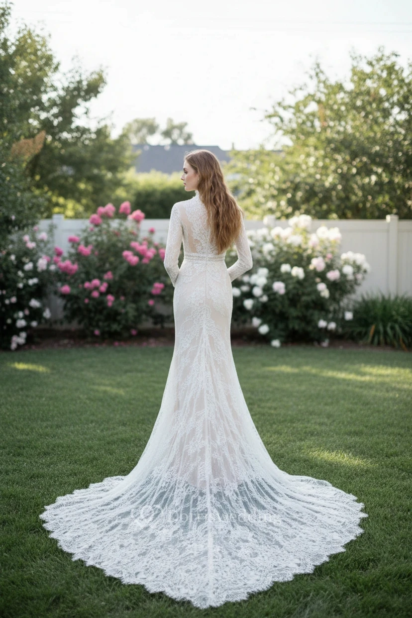 Modernes Brautkleid aus Spitze mit offenem Rücken view 2