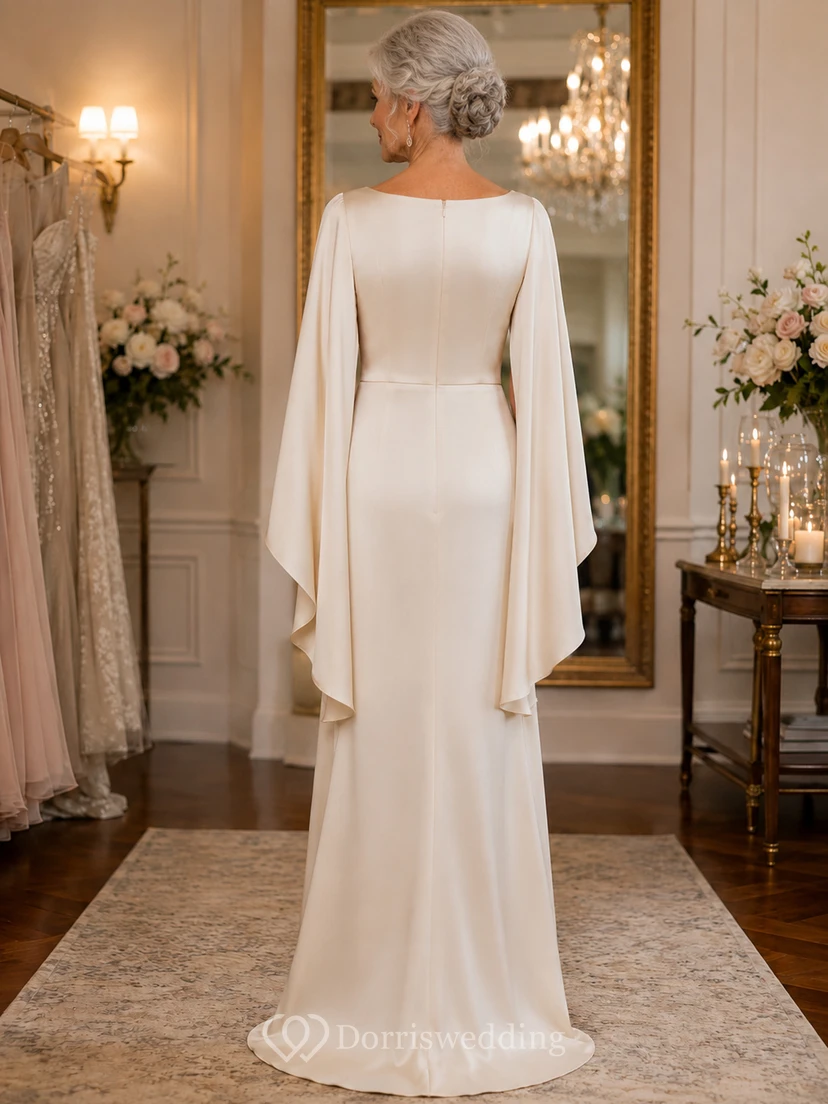Cape Sleeve Sheath Older Brides Wedding Dress in Simple Satin view 2