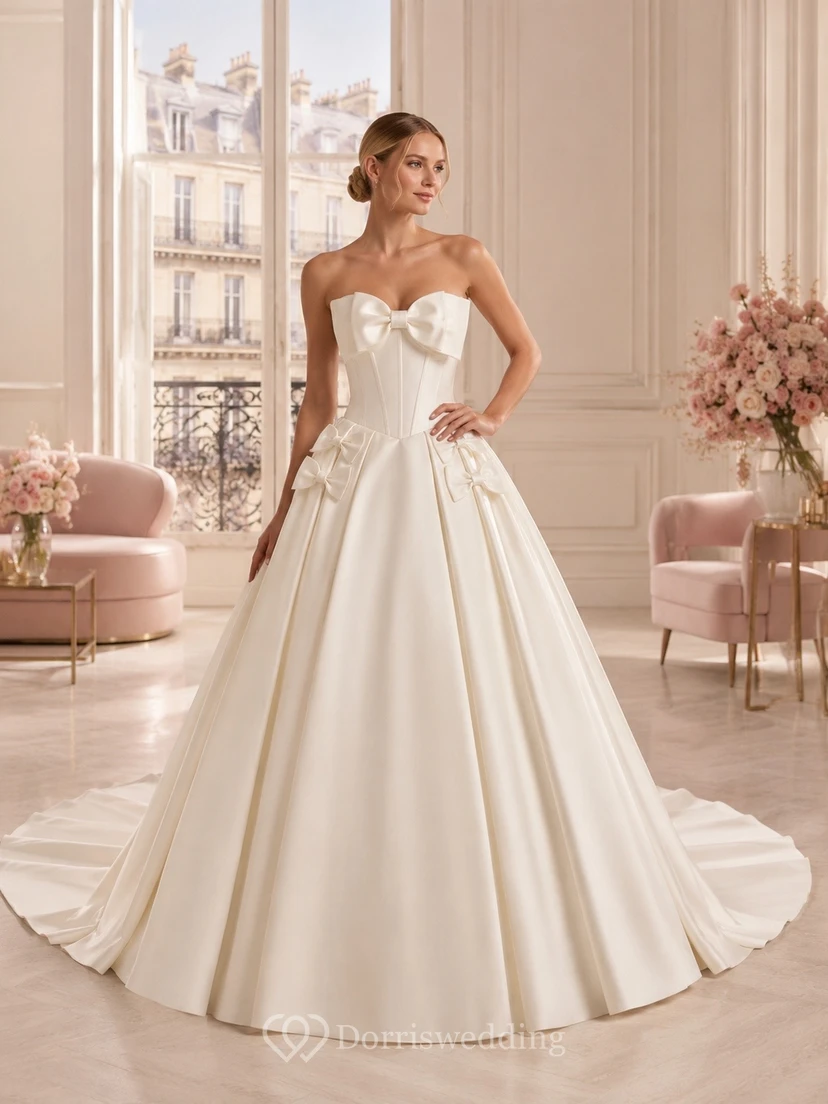 Vestido de novia romántico de satén blanco sin tirantes con lazo