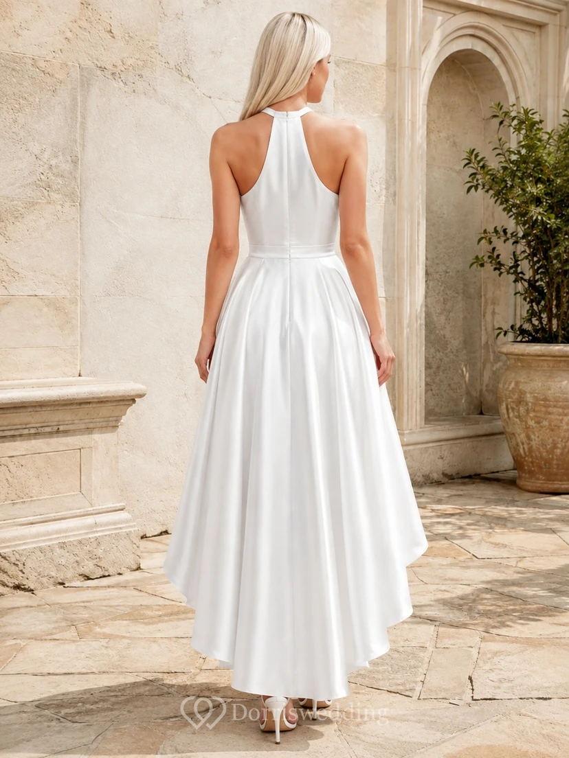 White Satin Jewel Neck Sleeveless High-Low Flowergirl Party Dress view 2
