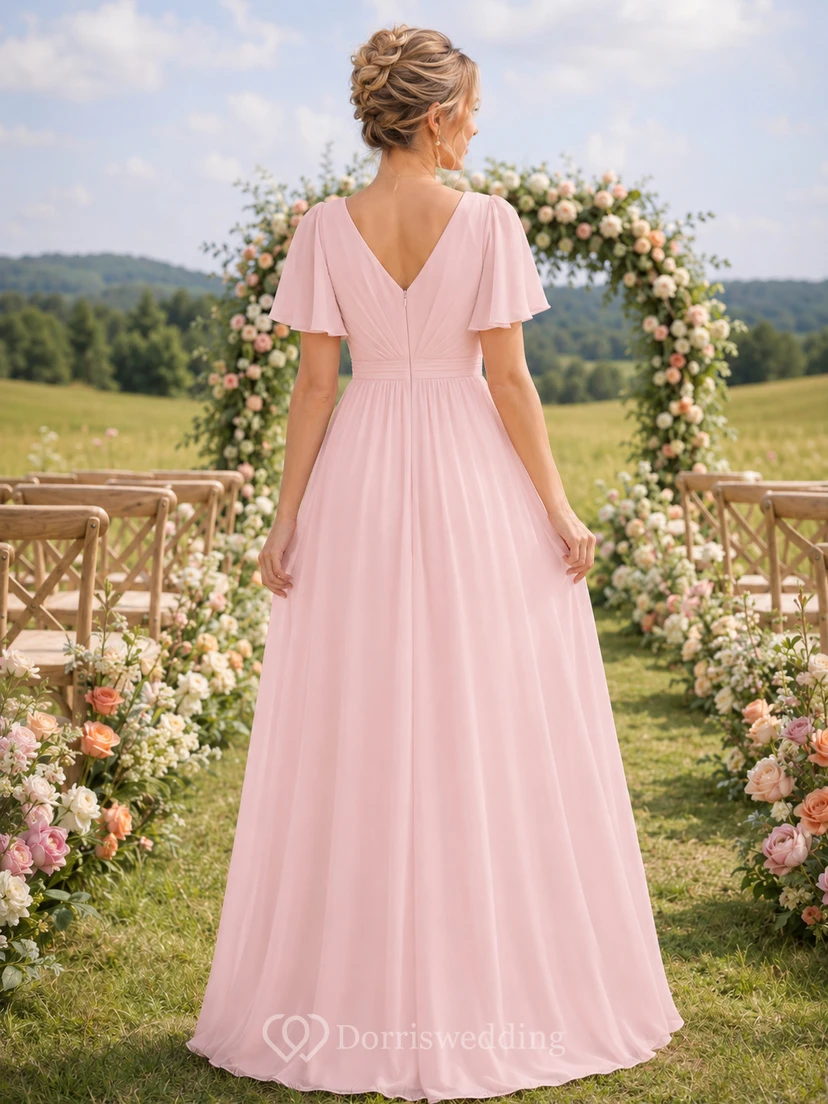 Blushing pink V-neck flutter sleeve chiffon floor length bridesmaid dress view 2