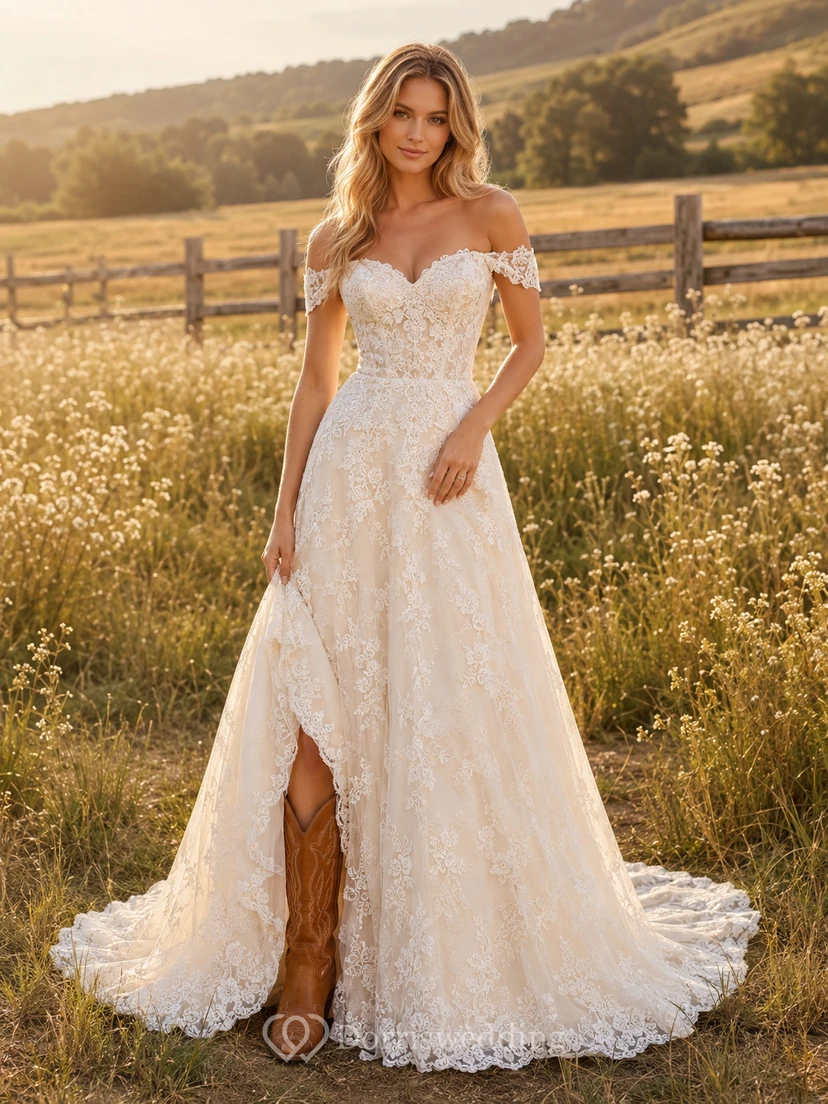 Robe de mariée de maternité en dentelle et tulle, épaules dénudées, manches papillon et traîne courte