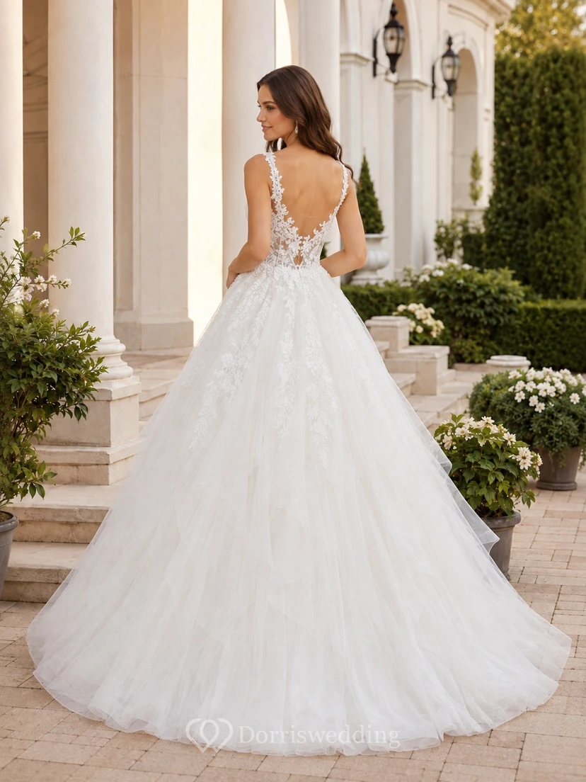 Spaghetti-Strap Sleeveless Lace Tulle Ball-Gown Floor-length Cathedral Train Romantic Bridal Gown view 2