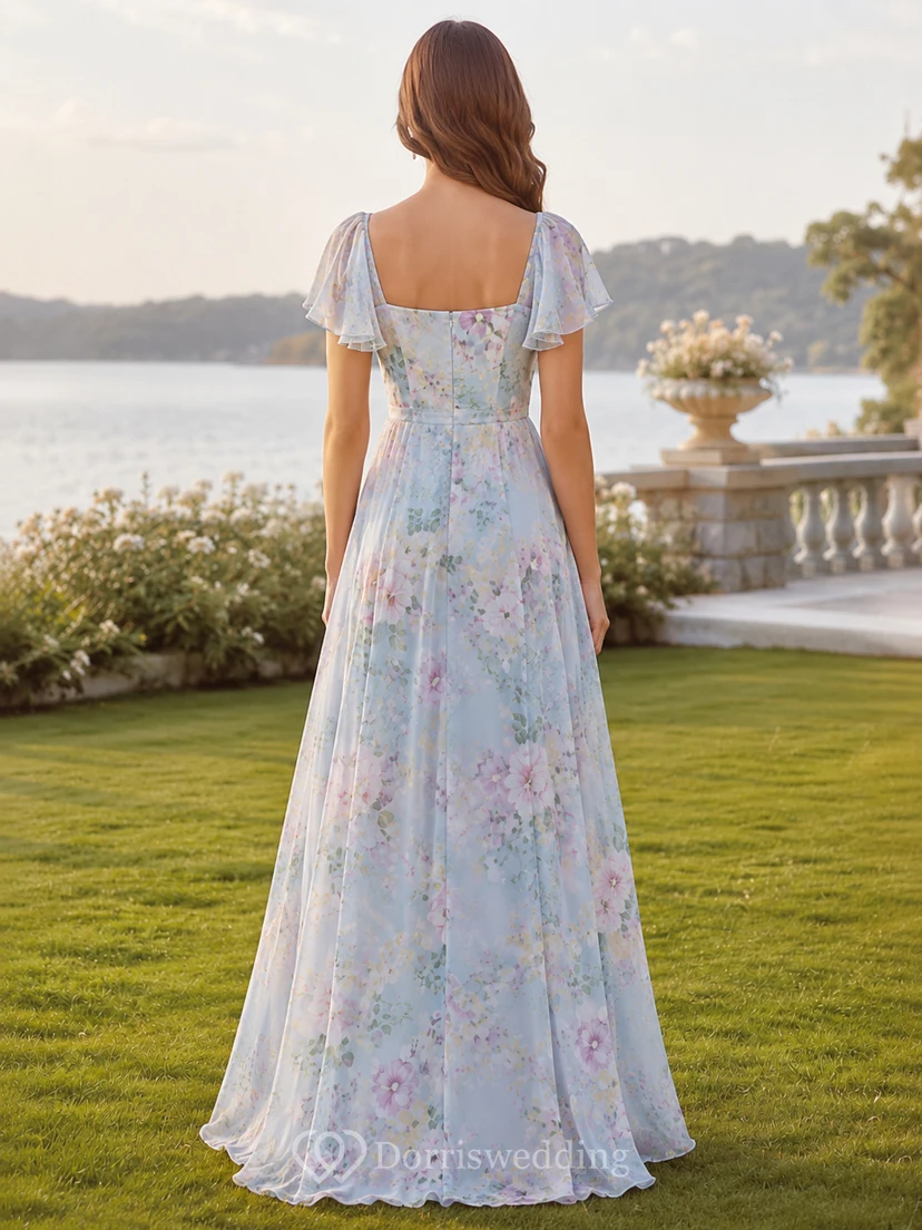Sky Blue Floral Square Neck Cap Sleeve Chiffon Bridesmaid Dress view 2