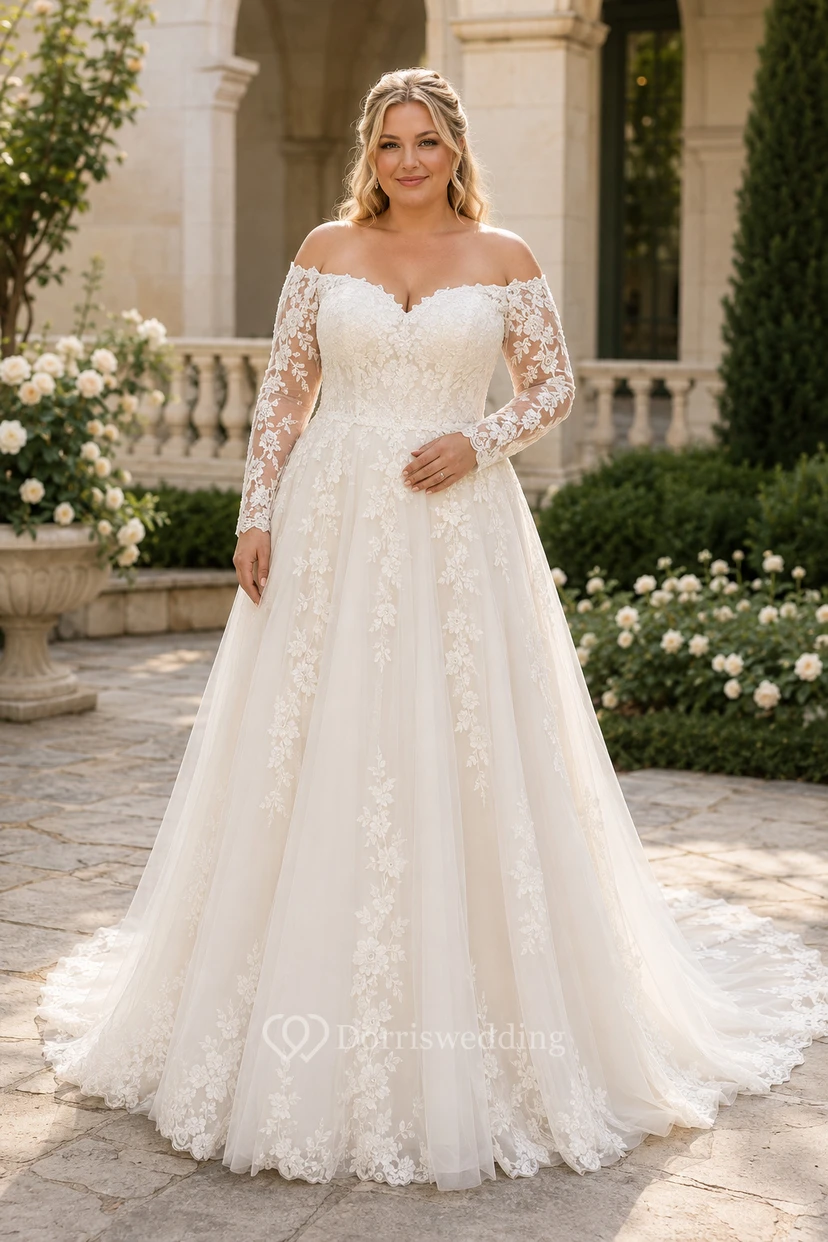 Plus Size Langarm-Hochzeitskleid aus Spitze in A-Linie