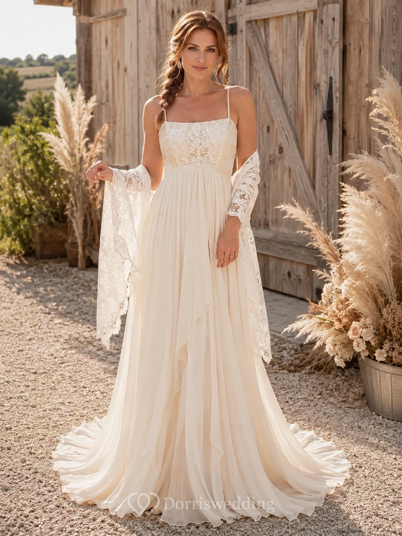 Brautkleid aus Spitze und Tüll, A-Linie, V-Ausschnitt, ärmellos, Kapellenschleppe