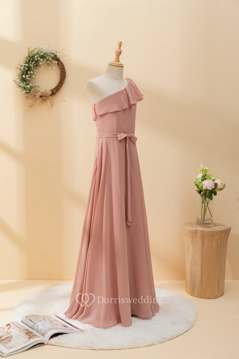 One-shoulder Asymmetrical Chiffon Pleated Floor-length Flowergirl Dress view 3