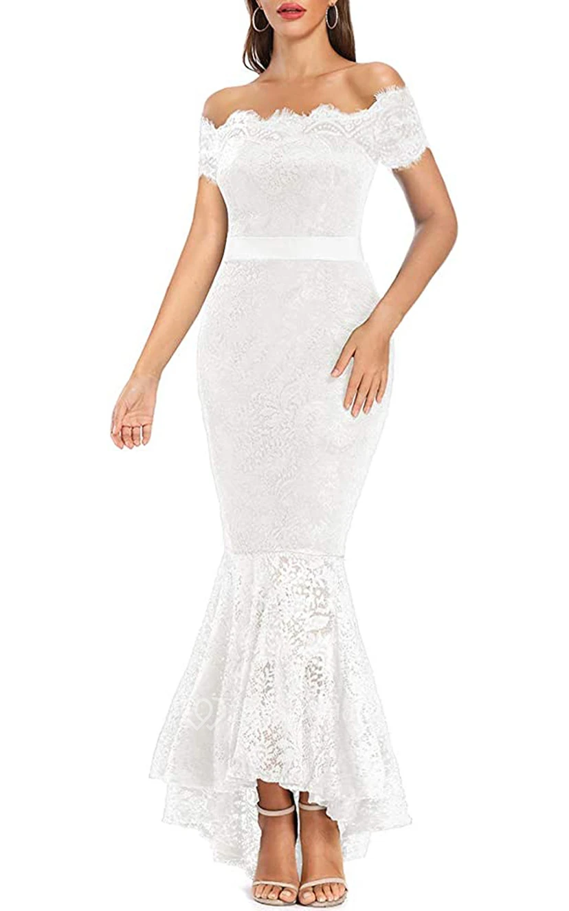Robe de bal sirène vintage en dentelle à manches longues et épaules dénudées avec ceinture. view 8