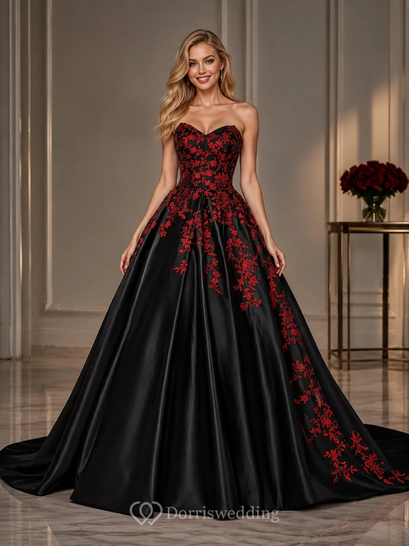 A-Line Floor-Length Sweetheart Appliques Chapel Train Zipper Corset Back Lace Satin Dress