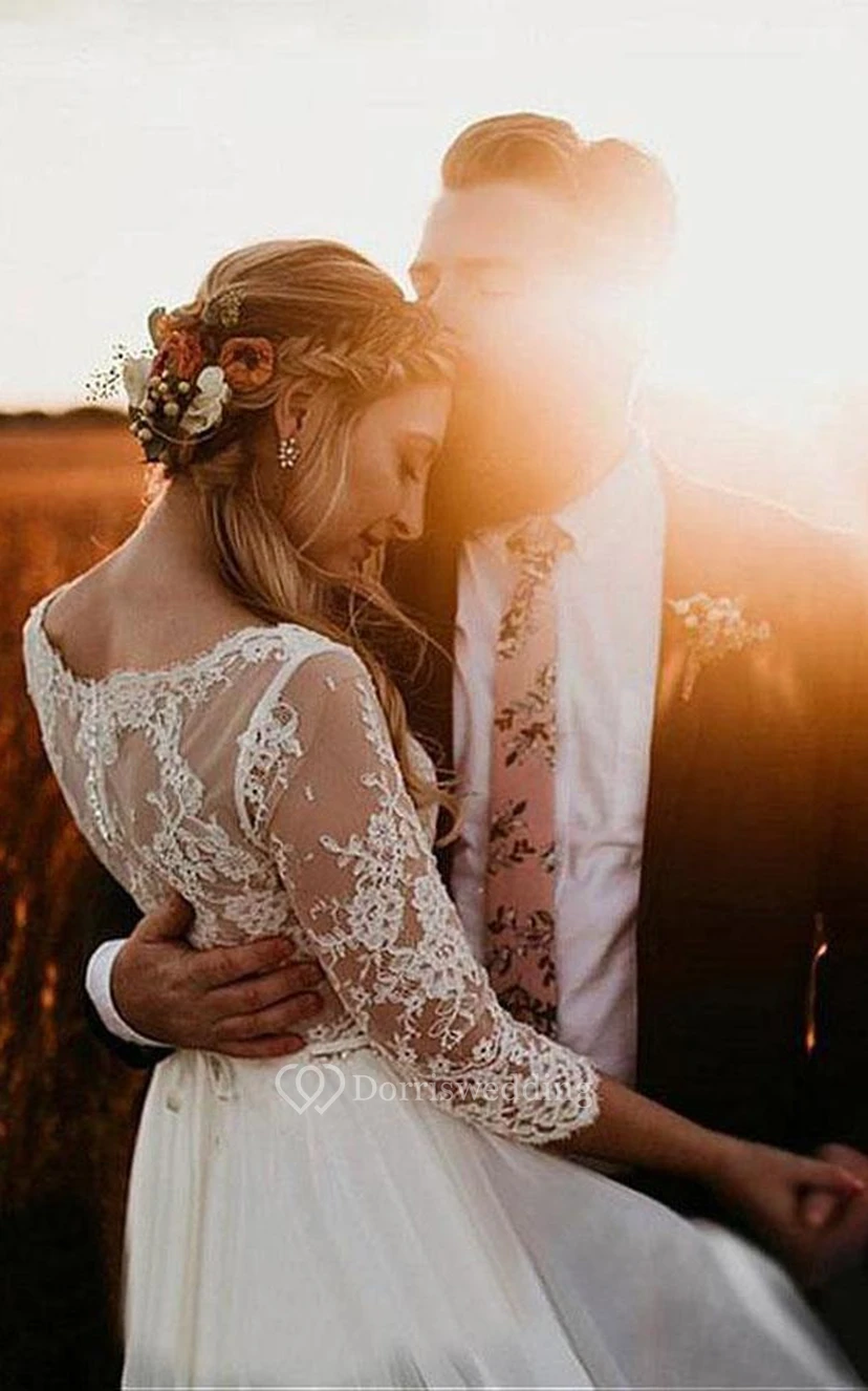 Schlichtes, ländlich anmutendes, langärmeliges Empire-Kleid aus Spitze und Tüll view 2