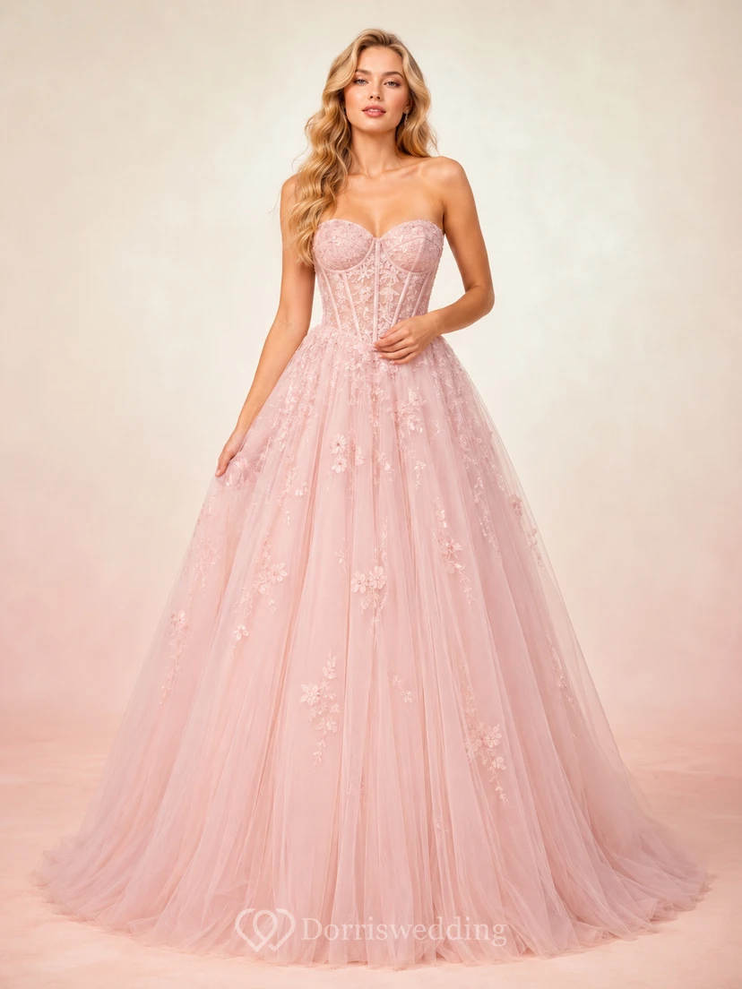 Vestido de fiesta de gala color rosa empolvado sin tirantes con apliques florales de tul