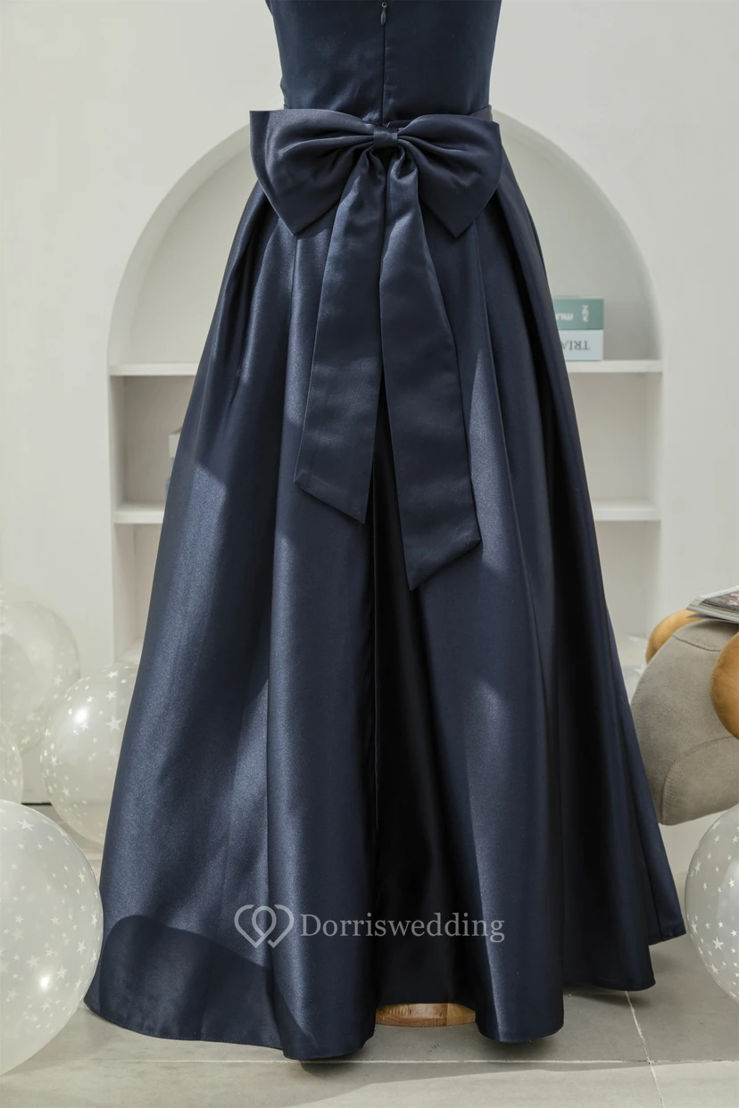 Satin Solid Cap Scoop-neck A-line Floor-length Flowergirl Dress with Low-v Back view 8