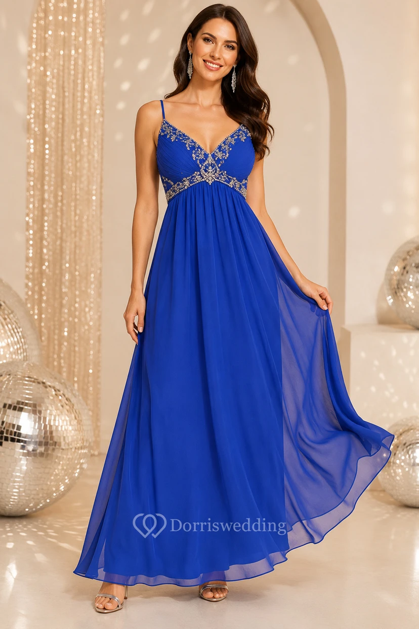 Königsblaues Chiffon-Abendkleid in A-Linie mit Spaghettiträgern und perlenbesetztem Oberteil