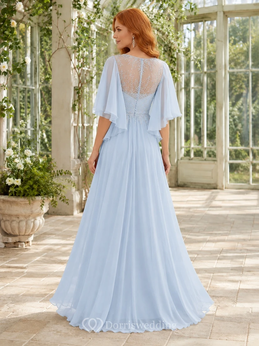 Sky Blue Chiffon Off-the-shoulder Half Sleeve A-Line Floor-length Romantic Formal Gown view 2