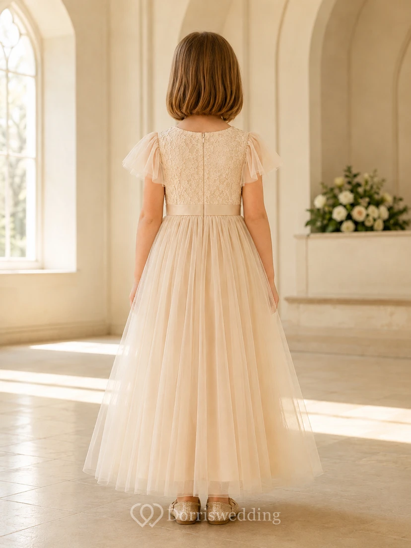 Blumenmädchenkleid aus champagnerfarbenem Tüll, A-Linie, mit flatternden Ärmeln, Rundhalsausschnitt, Teelänge view 2