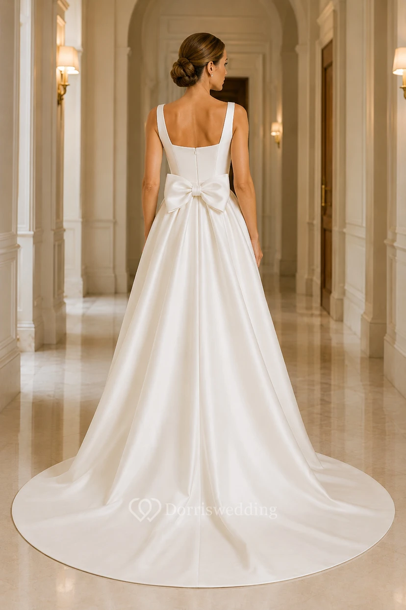 Combinaison de mariée à encolure carrée avec surjupe en satin et traîne view 2