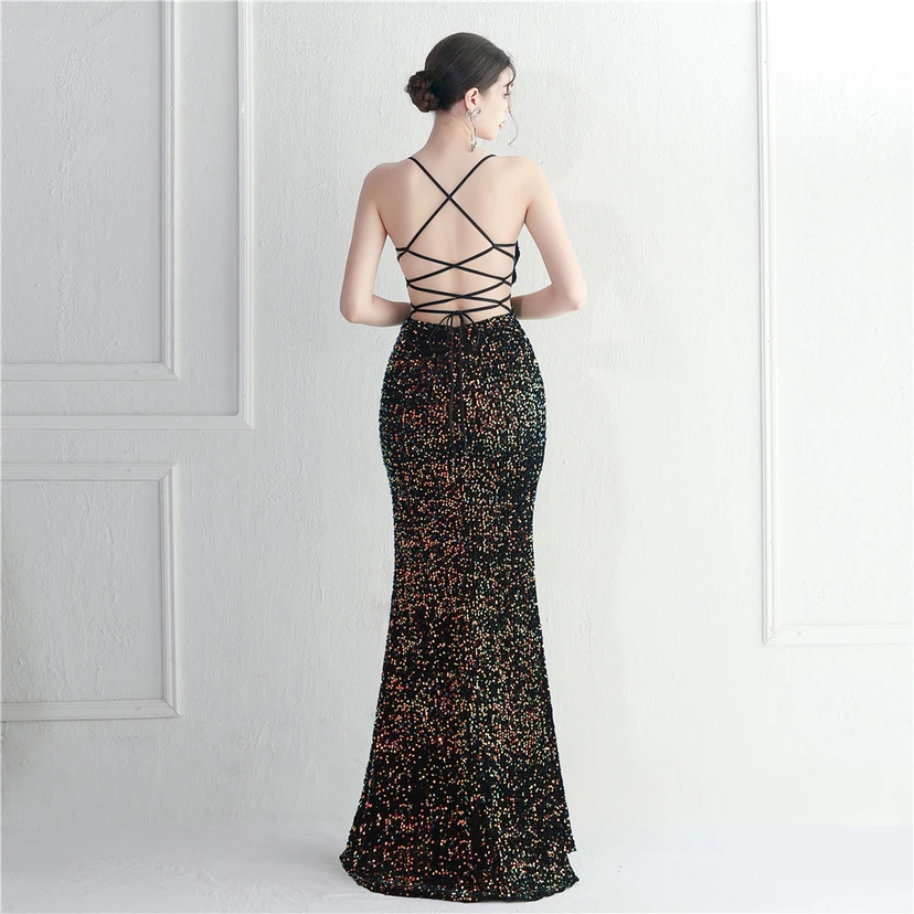 Vestido largo de noche con cola de pez, estilo europeo y americano, con lentejuelas y parte inferior de terciopelo. view 64