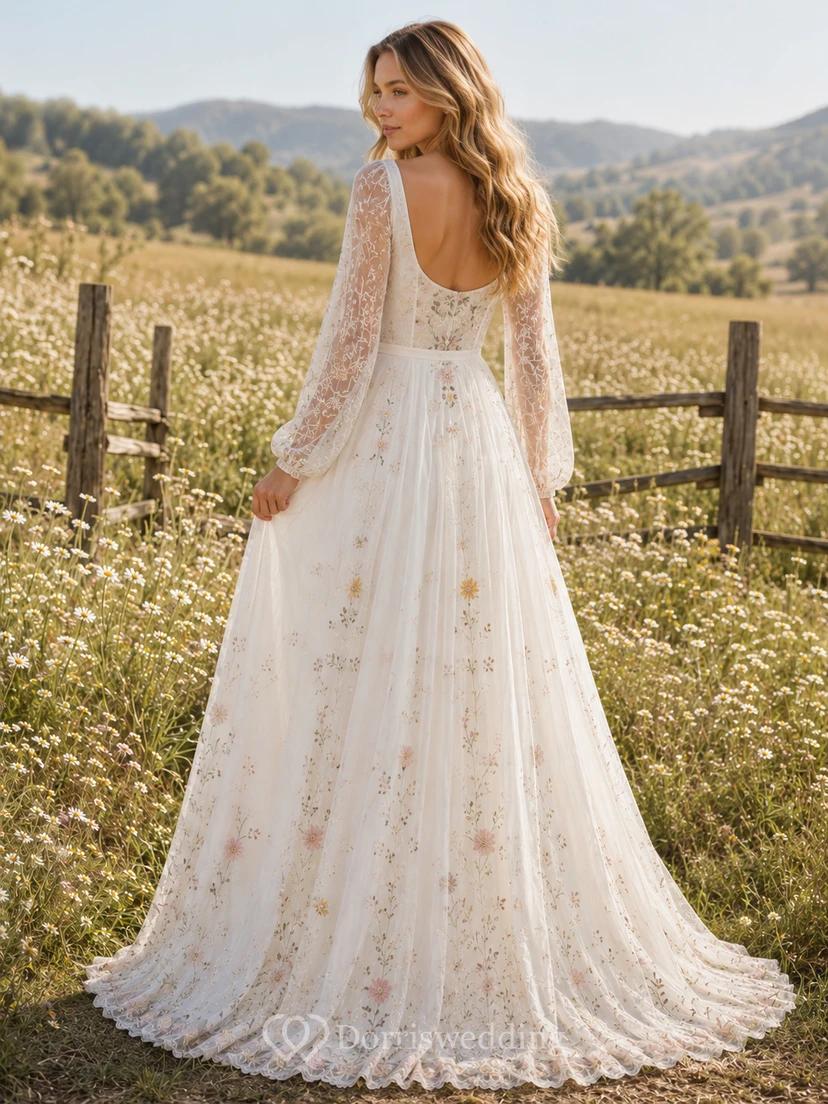 Vintage Hippie Floral Embroidered Long Sleeve Wedding Dress view 2