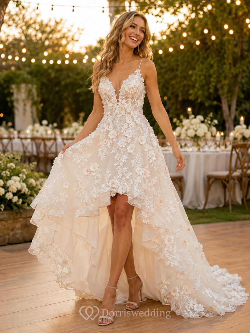 Blumenbesetztes, asymmetrisches und gestuftes Brautkleid für Empfänge und Tanz im Freien