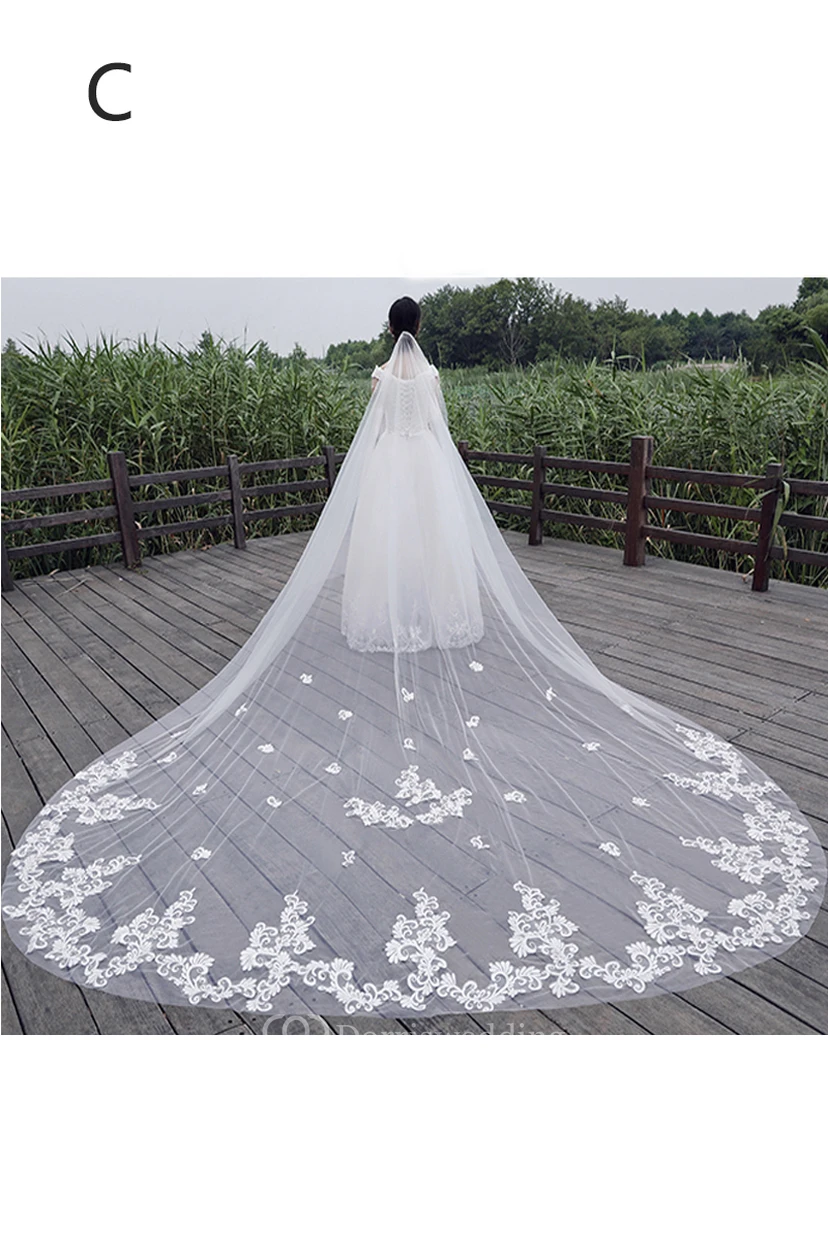 New Korean Ethereal Extra Long Tailed Wedding Veil with Lace Appliques view 3