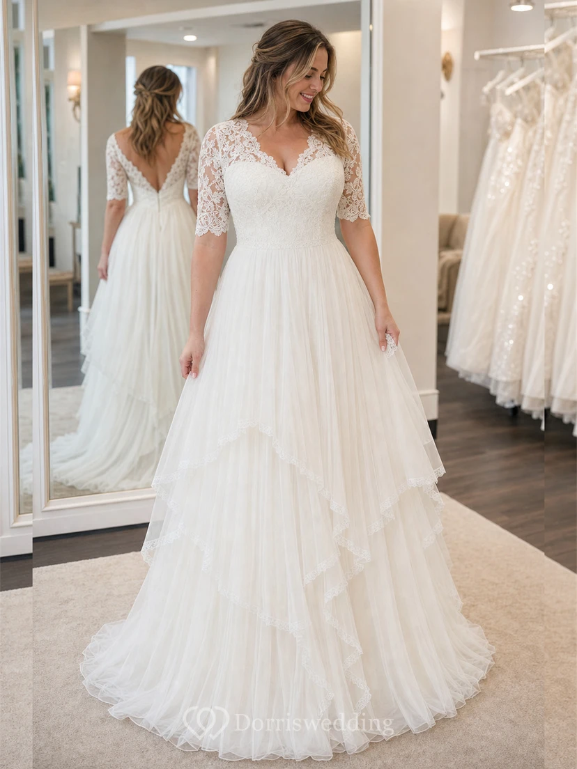 Ländliches, schlichtes Vintage-Hochzeitskleid mit Ärmeln für ältere Bräute in großen Größen view 4