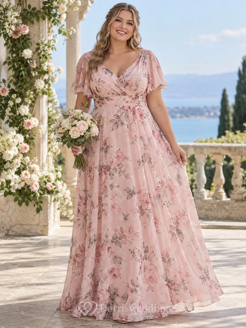 Vestido de dama de honor de gasa rosa con estampado floral, mangas con volantes, escote en V y largo hasta el suelo, talla grande.