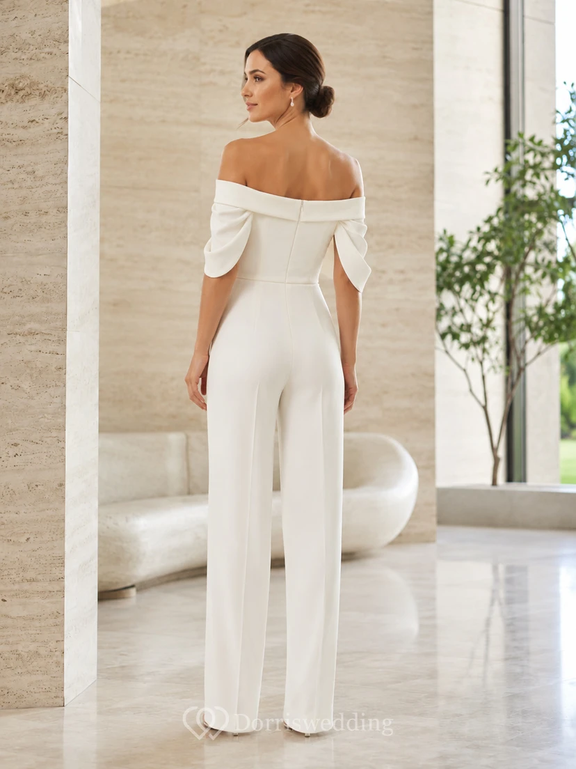 Elegant Civil Bridal Jumpsuit Off Shoulder Short Sleeve Wide Leg Wedding Outfit view 2