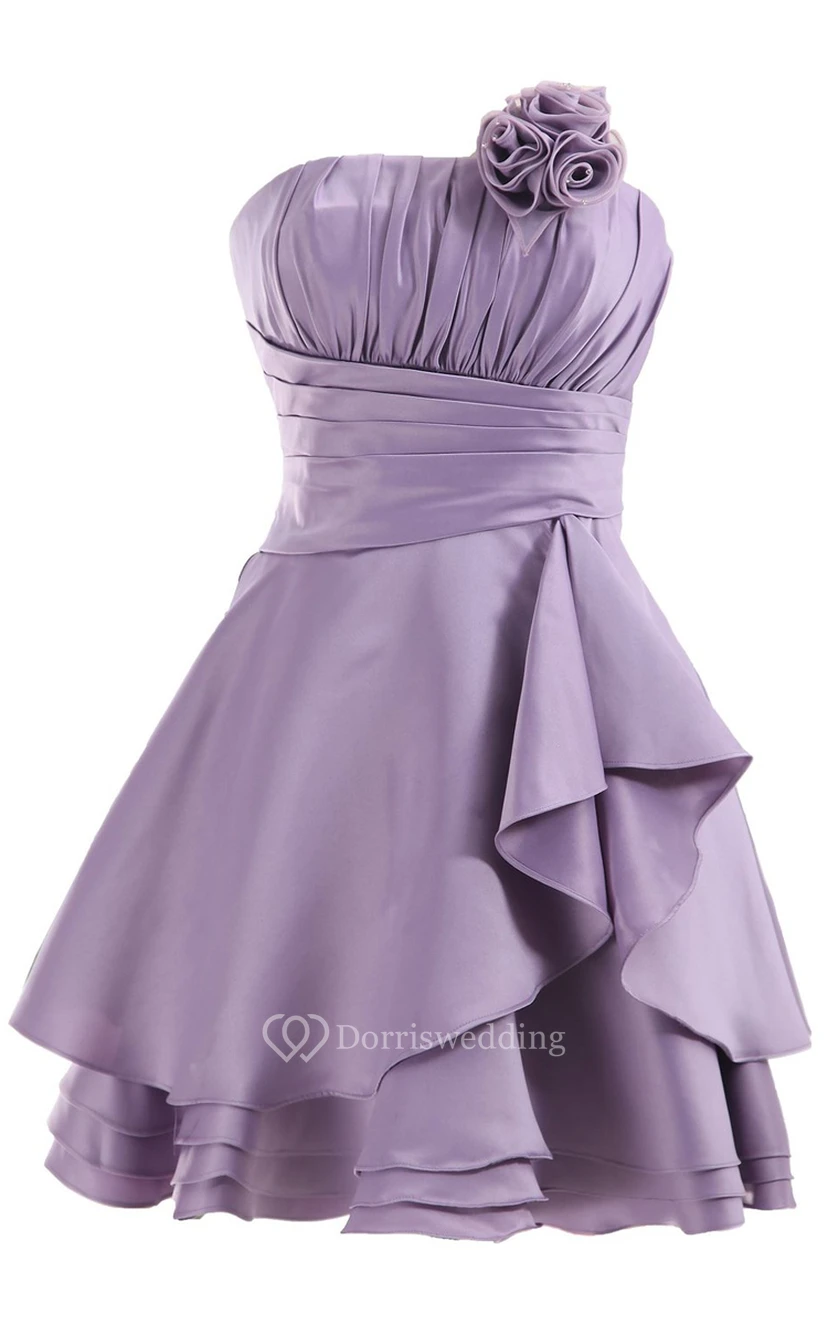 Pleated Strapless DressWith Layered Skirt and Flower view 2
