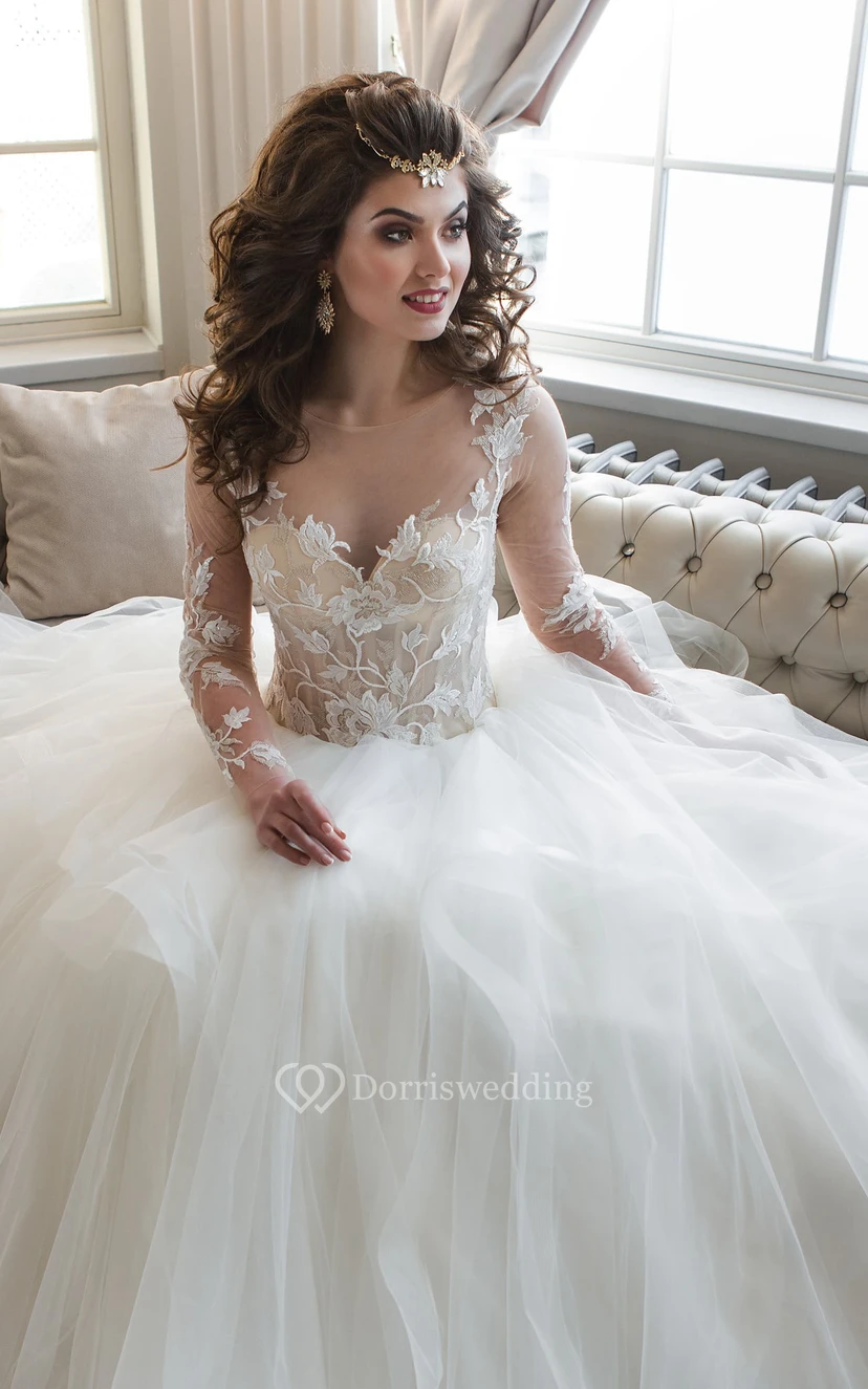 Ball Gown Long Scoop Illusion-Sleeve Keyhole Tulle Dress With Appliques And Ruffles view 4
