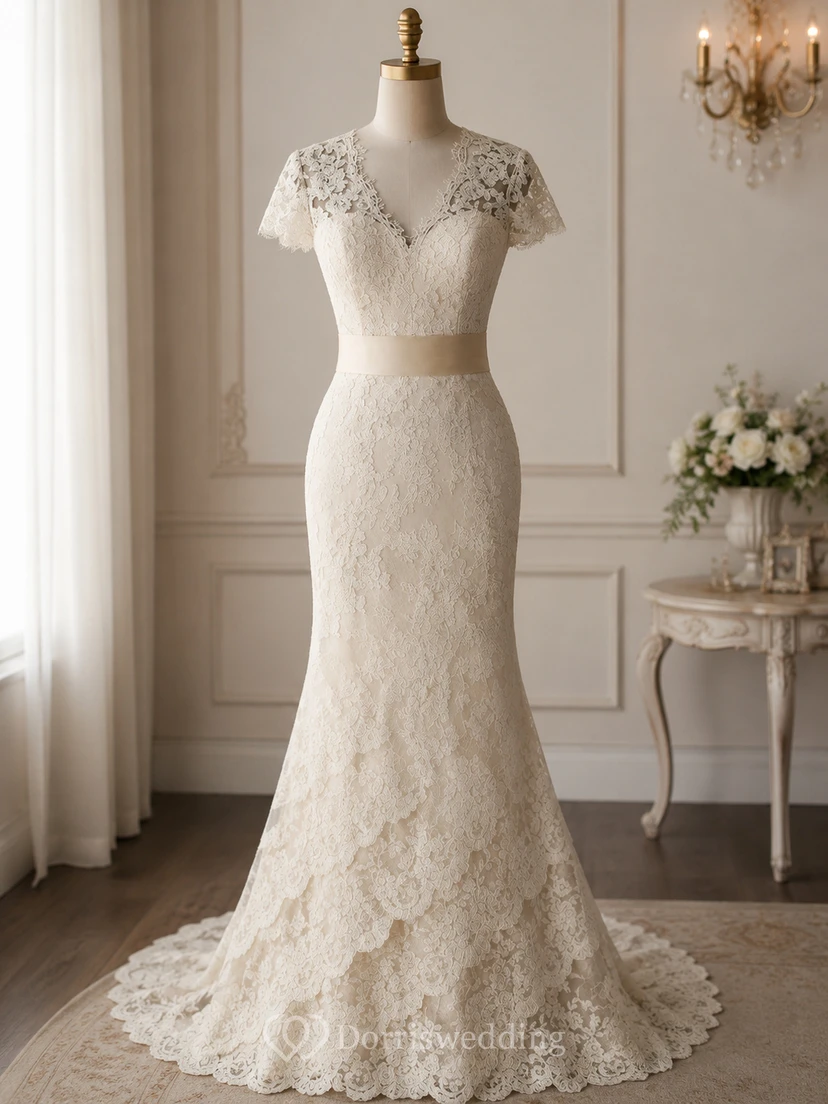 Robe de mariée sirène vintage en dentelle, décolleté en V, dos nu en forme de goutte, avec ceinture et fleur. view 7