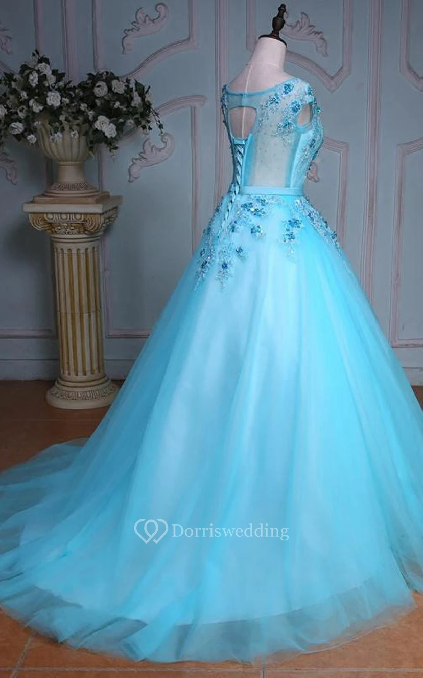 Ball Gown Tea-Length Bell Cap Bat Beading Appliques Court Train Corset Back Tulle Lace Sequins Dress view 2