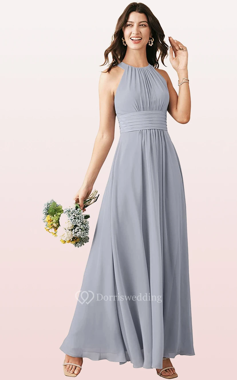 Modern Halter A Line Sleeveless Ankle-length Chiffon Bridesmaid Dress With Ruching