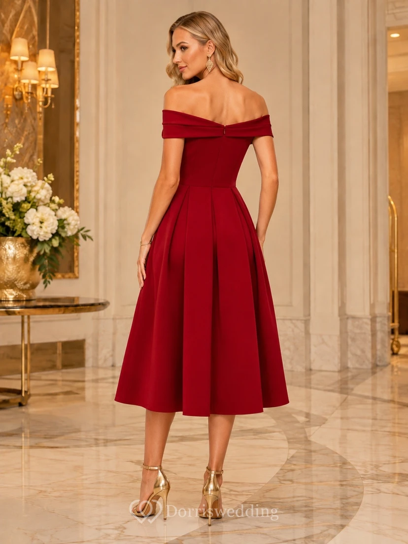 Teelanges rotes schulterfreies A-Linien-Cocktailkleid aus Satin view 2