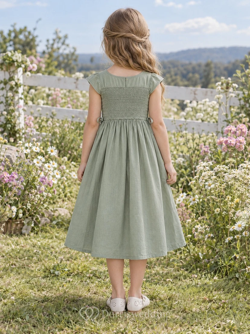 Simple Tea-length Sage Bateau Cap Sleeve Smocked Cotton A-line Flower Girl Dress view 2