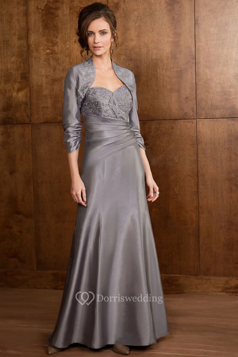 3-4 Sleeved Long Mother Of The Bride Dress With Matching Jacket And Appliques