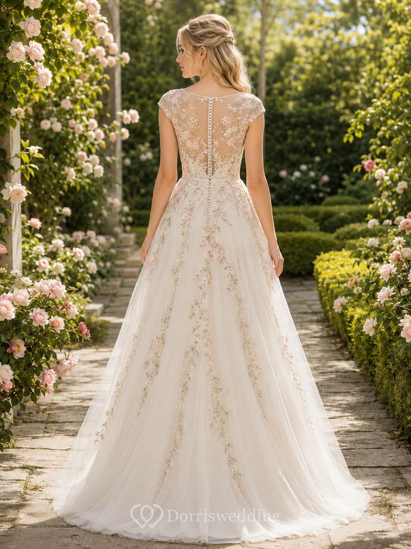 Brautkleid aus besticktem Tüll mit floralem Gartenmuster, kurzen Ärmeln und A-Linien-Schnitt view 2