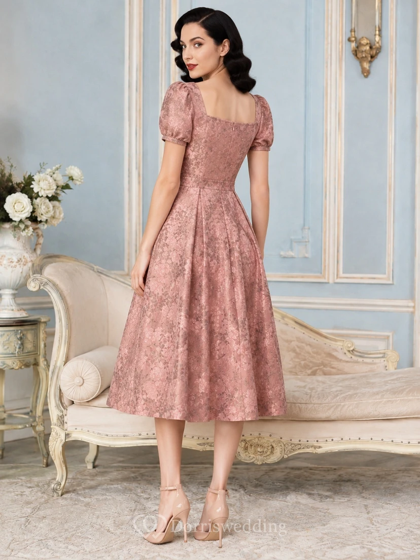 Dusty Rose Textured Square Neck Puff Sleeve A-Line Tea-Length Vintage Dress view 2