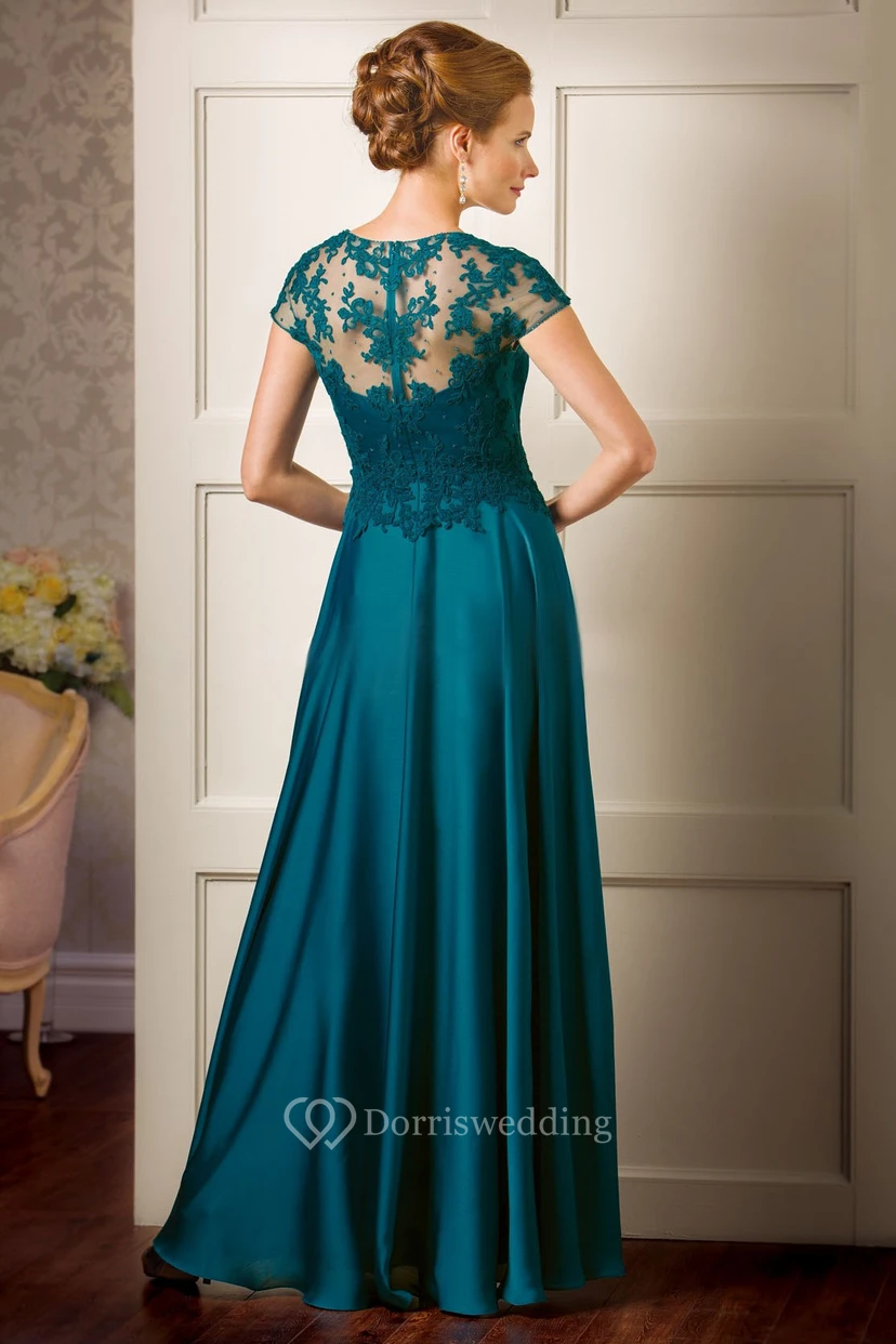 Cap-Sleeved Long Mother Of The Bride Dress With Appliques And Illusion Back view 2