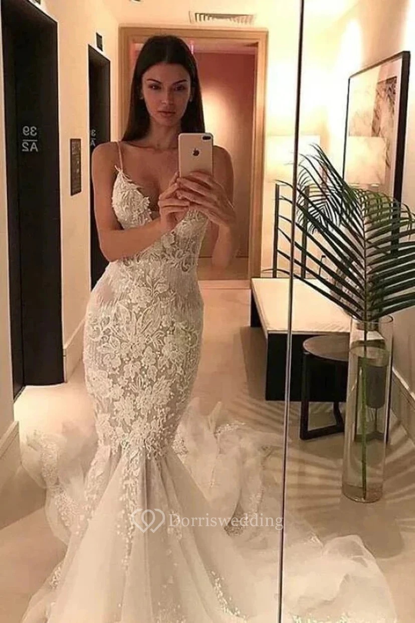 Spaghetti Mermaid Lace Applique Tulle Luxury Illusion Wedding Dress