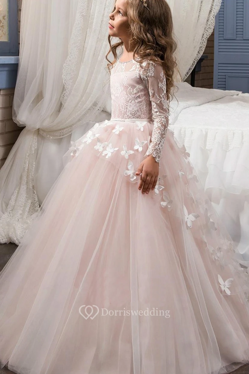 Vestido rosa de manga larga para niña de las flores, vestido de gala de Kingdom Boutique