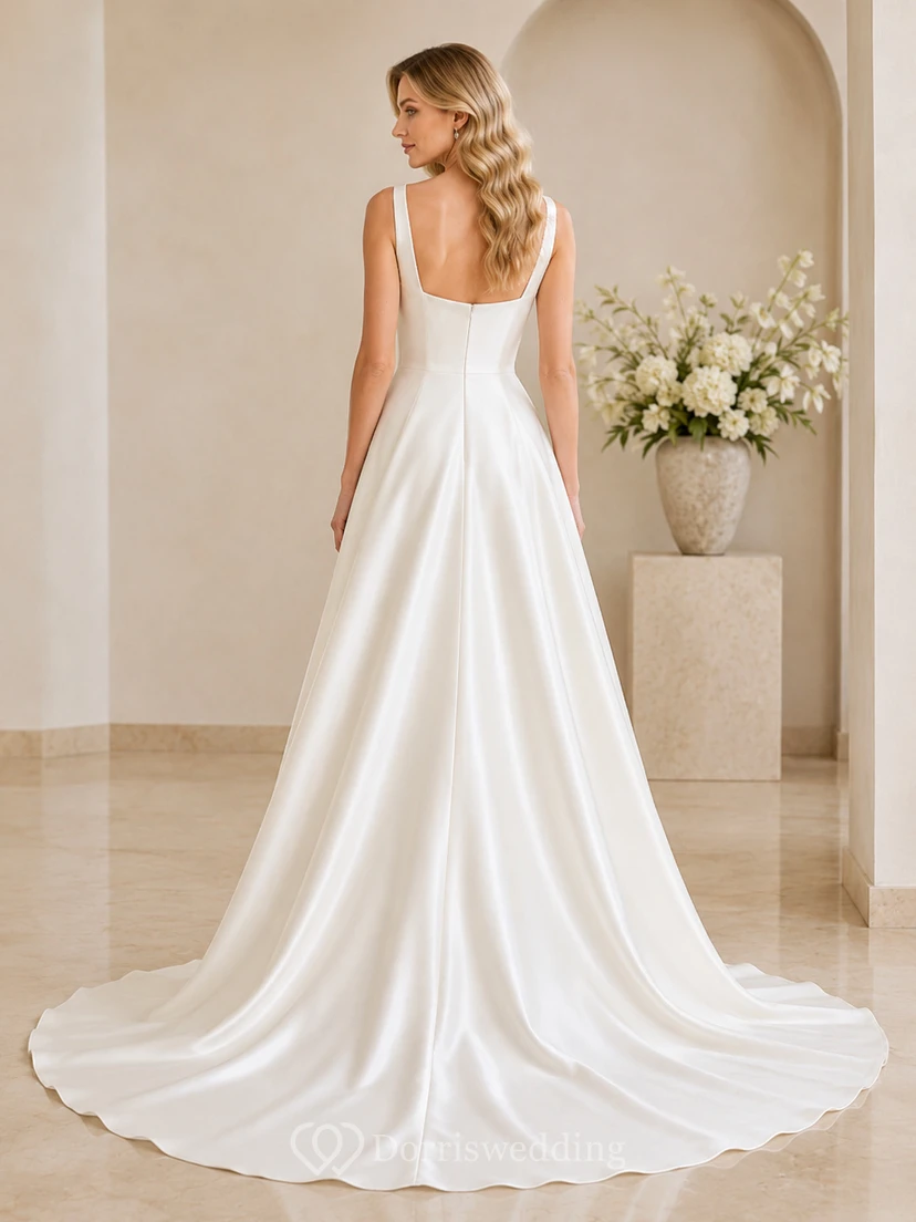 Vestido de novia de satén con escote cuadrado y corte en A, estilo capilla. view 2