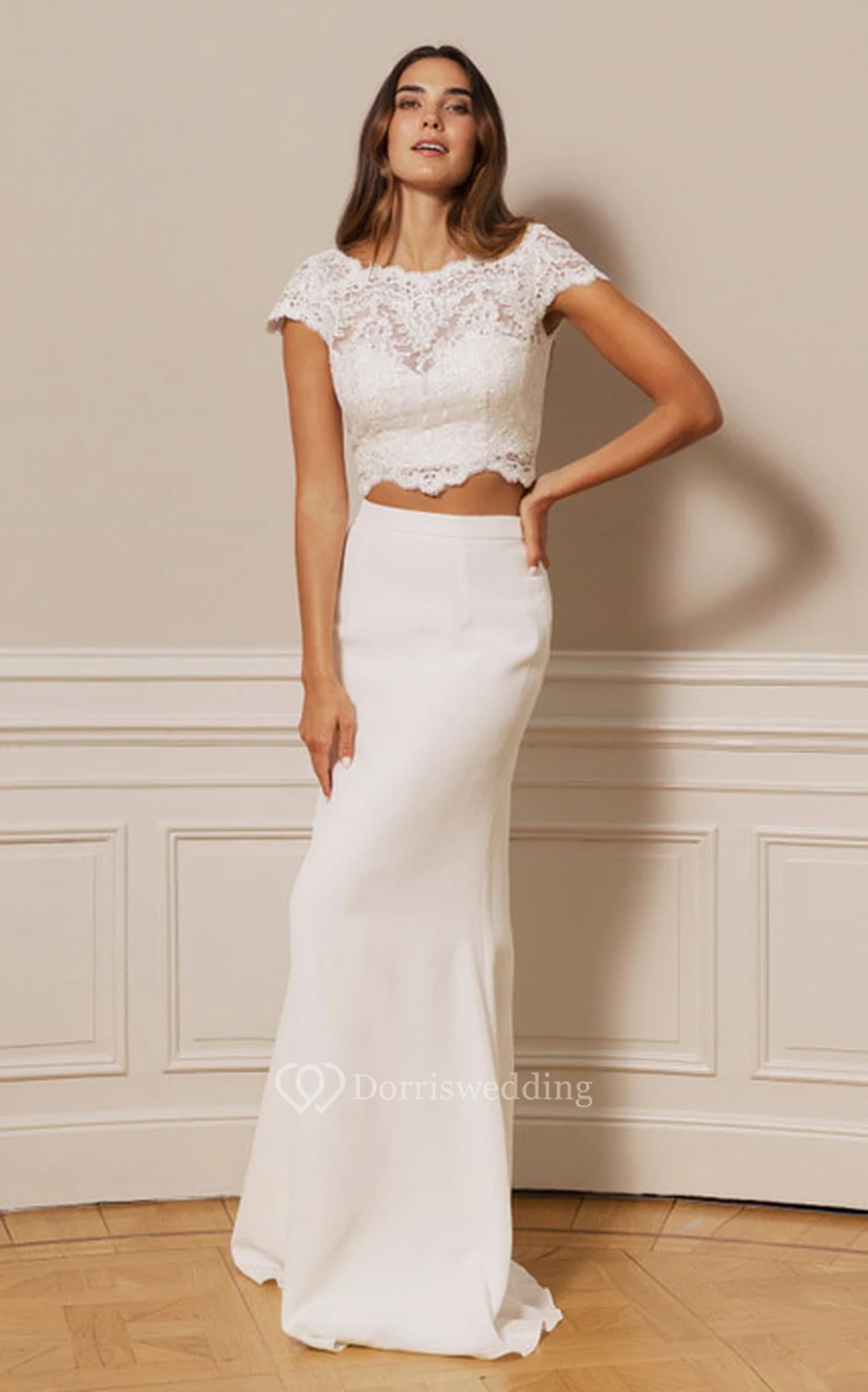 Robe de mariée romantique deux pièces en mousseline de soie festonnée et dentelle, longue jusqu'au sol, manches courtes